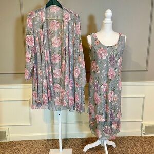Jeffrey & Dara Evenings by Tom Barra 10 dress set cardigan floral 80s gray pink